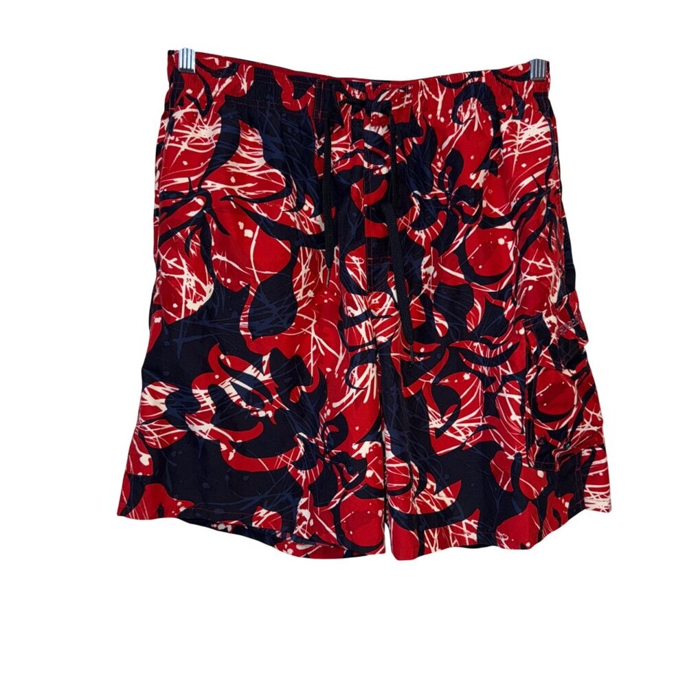 Speedo Mens Red & Navy Swim Trunks Large Drawstring Elastic Waist With Pockets